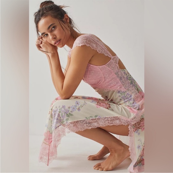 Worn 1x Free People Suddenly Fine Maxi Slip Floral Sheer Lace-trimmed Maxi Dress - Picture 10 of 10